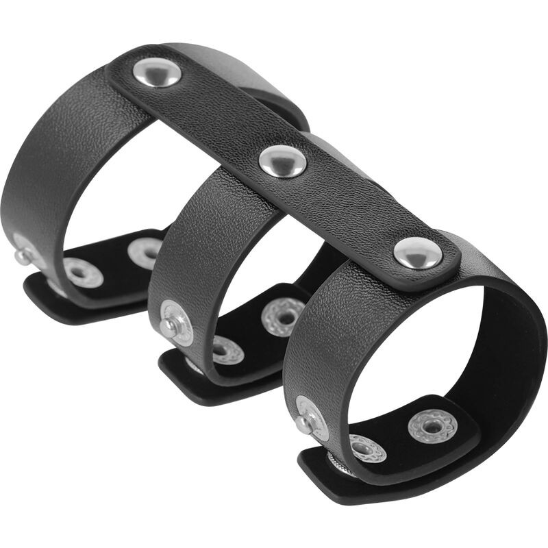 DARKNESS - ADJUSTABLE LEATHER DOUBLE PENIS AND TESTICLE RING 2 