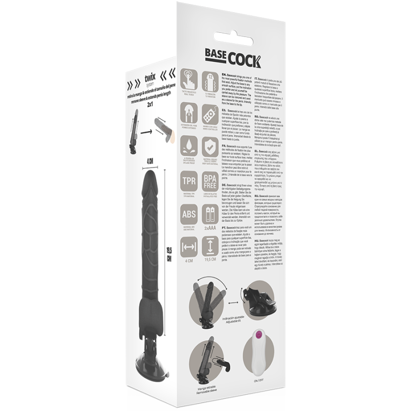 BASECOCK - VIBRATEUR RÉALISTE TÉLÉCOMMANDE NOIR AVEC TESTICULES 19.5 CM -O- 4 CM 5 