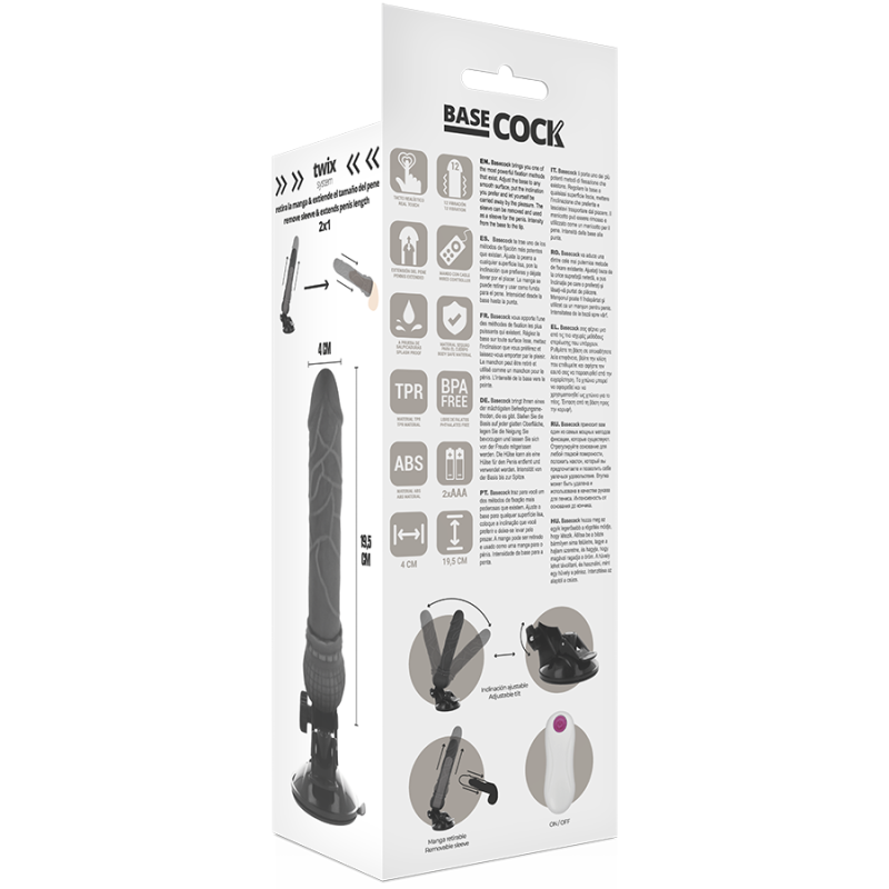 BASECOCK - REALISTISCHER VIBRATOR MIT FERNBEDIENUNG SCHWARZ 19.5 CM -O- 4 CM 5 