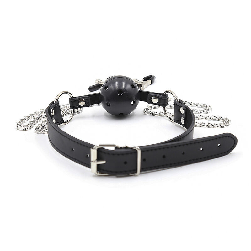 OHMAMA FETISH - BALL GAG CON VENTOLE E MORSETTI PER CAPEZZOLI 4 