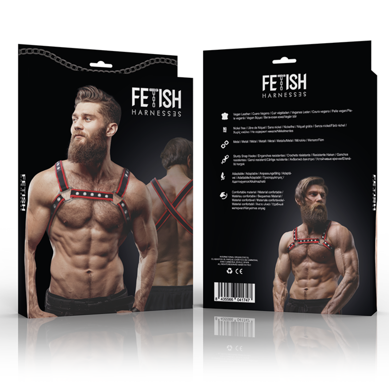 FETISH SUBMISSIVE ATTITUDE - MEN'S ECO-LEATHER CHEST BULLDOG HARNESS BLACK/RED 3 