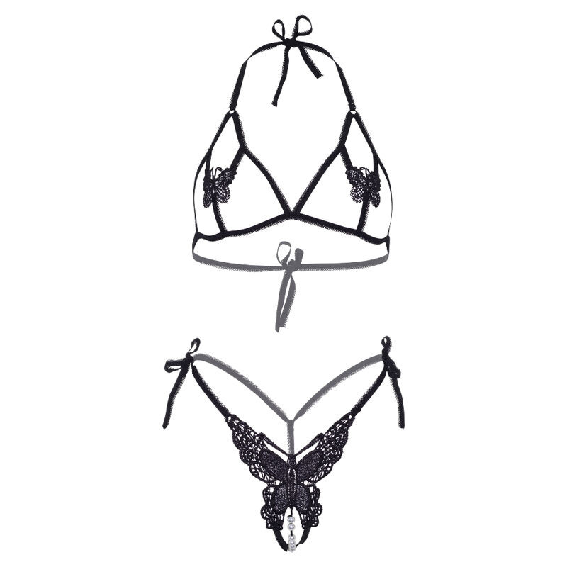 LEG AVENUE - TWO PIECES SET BRA AND PANTY OF BUTTERFLIES & PEARLS ONE SIZE - BLACK 4 