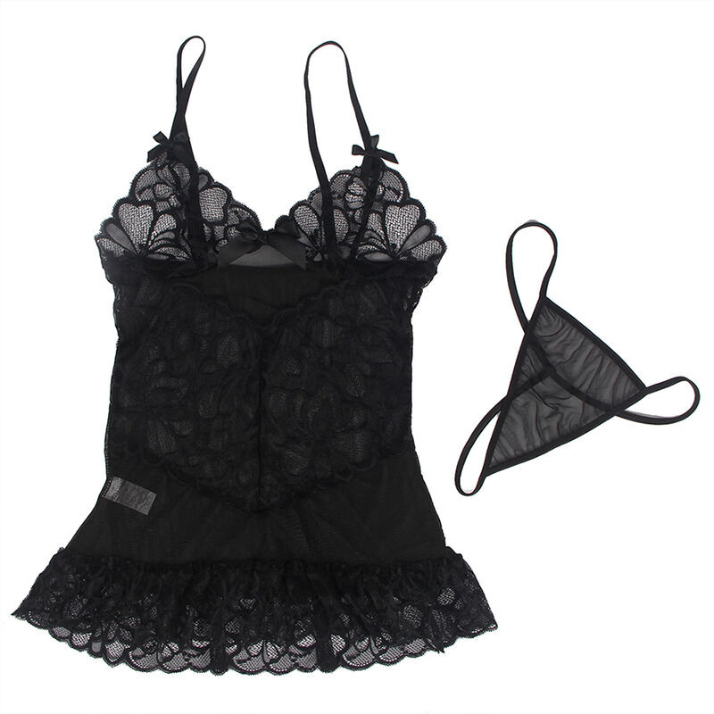 SUBBLIME - BABYDOLL WITH ADJUSTABLE STRAPS AND TRANSPARENT LACE FLORAL PRINT BLACK S/M 6 