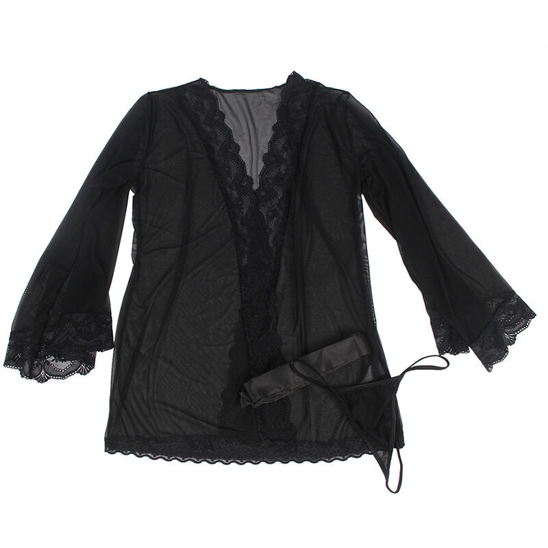 SUBBLIME - TRANSPARENT FABRIC ROBE WITH LACE DETAIL BLACK S/M 4 