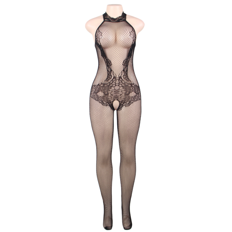 QUEEN LINGERIE - BODYSTOCKING WITH OPENING AND FLORAL LACE S/L 3 