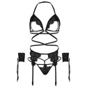 LEG AVENUE - FOUR PIECES SET BRA, G-STRING, GARTER BELT & WRIST CUFFS ONE SIZE - BLACK 4 