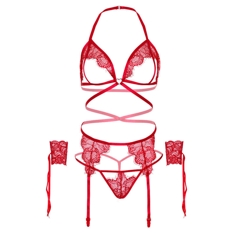 LEG AVENUE - SET QUATTRO PEZZI REGGISENO, G-STRING, REGGISTREE E POLSINI TAGLIA UNICA - ROSSO 4 