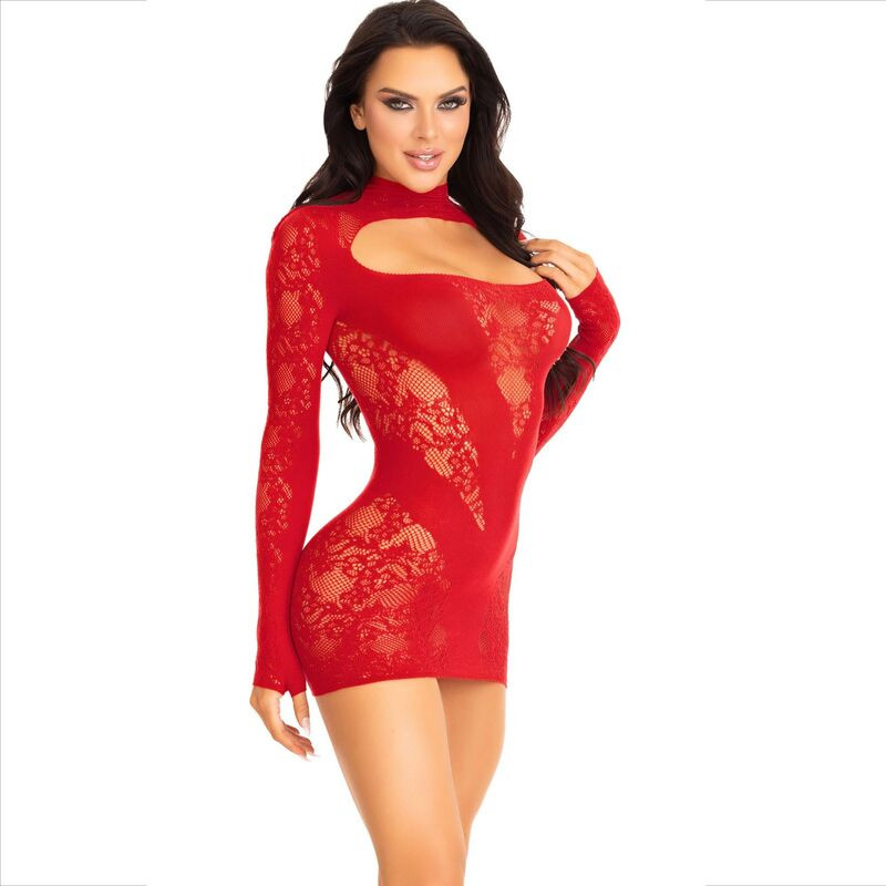 LEG AVENUE - MINI DRESS WITH LACE LONG SLEEVE RED 1 