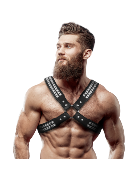 FETISH SUBMISSIVE ATTITUDE - MEN'S CROSSED CHEST ECO-LEATHER HARNESS WITH RIVETS 4 