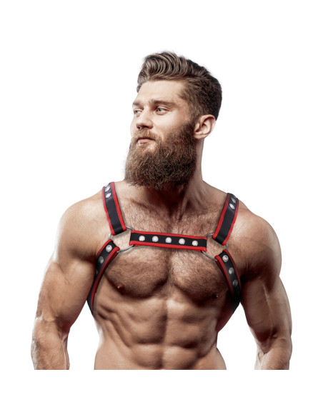 FETISH SUBMISSIVE ATTITUDE - MEN'S ECO-LEATHER CHEST BULLDOG HARNESS BLACK/RED 4 