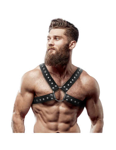 FETISH SUBMISSIVE ATTITUDE - MEN'S CROSS-OVER ECO-LEATHER CHEST HARNESS WITH STUDS 4 