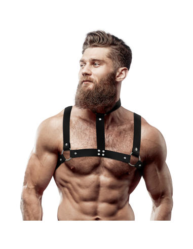 FETISH SUBMISSIVE ATTITUDE - HARNAIS POITRINE AJUSTABLE EN CUIR ÉCOLOGIQUE AVEC COLLIER POUR HOMMES 4 