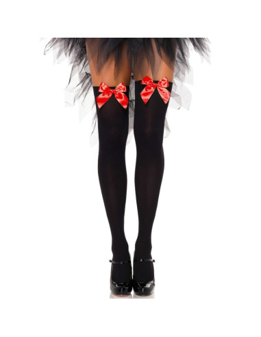 LEG AVENUE - BLACK NYLON THIGH HIGHS WITH RED BOW ONE SIZE 1 