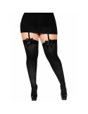 LEG AVENUE - BLACK NYLON THIGH HIGHS WITH BLACK BOW PLUS SIZE 5 