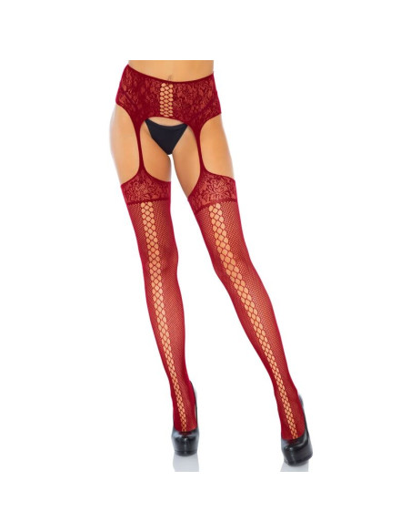 LEG AVENUE - BAS DENTELLE BORDEAUX AVEC JARRETIÈRE TAILLE UNIQUE 3 