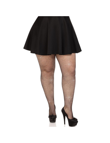 LEG AVENUE - CRYSTALIZED MESH STOCKINGS BLACK PLUS SIZE 4 