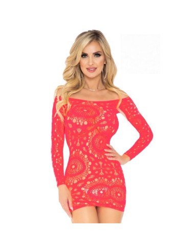 LEG AVENUE - CROCHET LACE LONG SLEEVE MINI DRESS CORAL ONE SIZE 2 