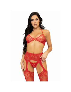 LEG AVENUE - THREE PIECES SET BRA, STRING AND STOCKING ONE SIZE - RED 2 