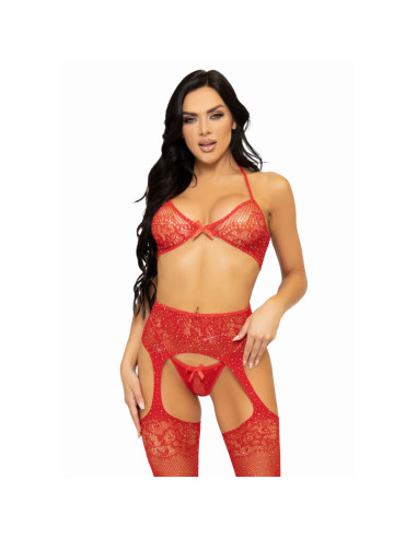 LEG AVENUE - SET TRE PEZZI REGGISENO, PERING E CALZA TAGLIA UNICA - ROSSO 2 