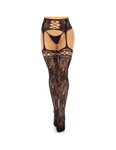 LEG AVENUE - FLORAL LACE GARTER STOCKINGS BLACK 4 