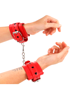 KINK - RED WRIST RESTRAINTS WITH BLACK HEART INLAY...